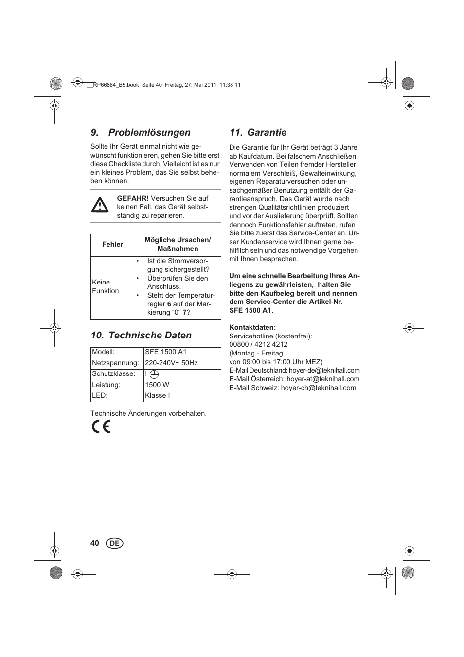 Problemlösungen, Technische daten, Garantie | Silvercrest SFE 1500 A1 User Manual | Page 42 / 46
