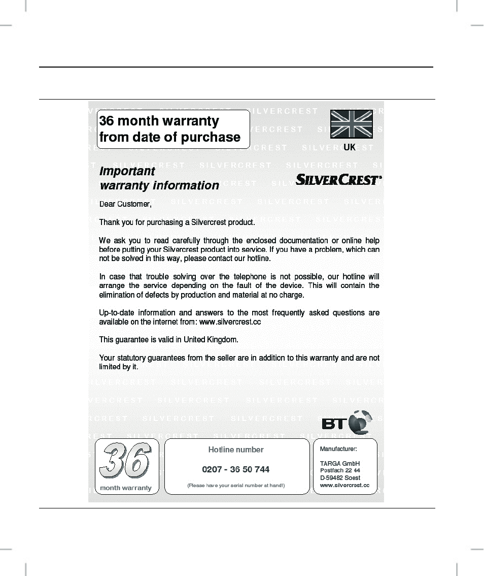 Warranty information | Silvercrest OM1008-SL User Manual | Page 26 / 148