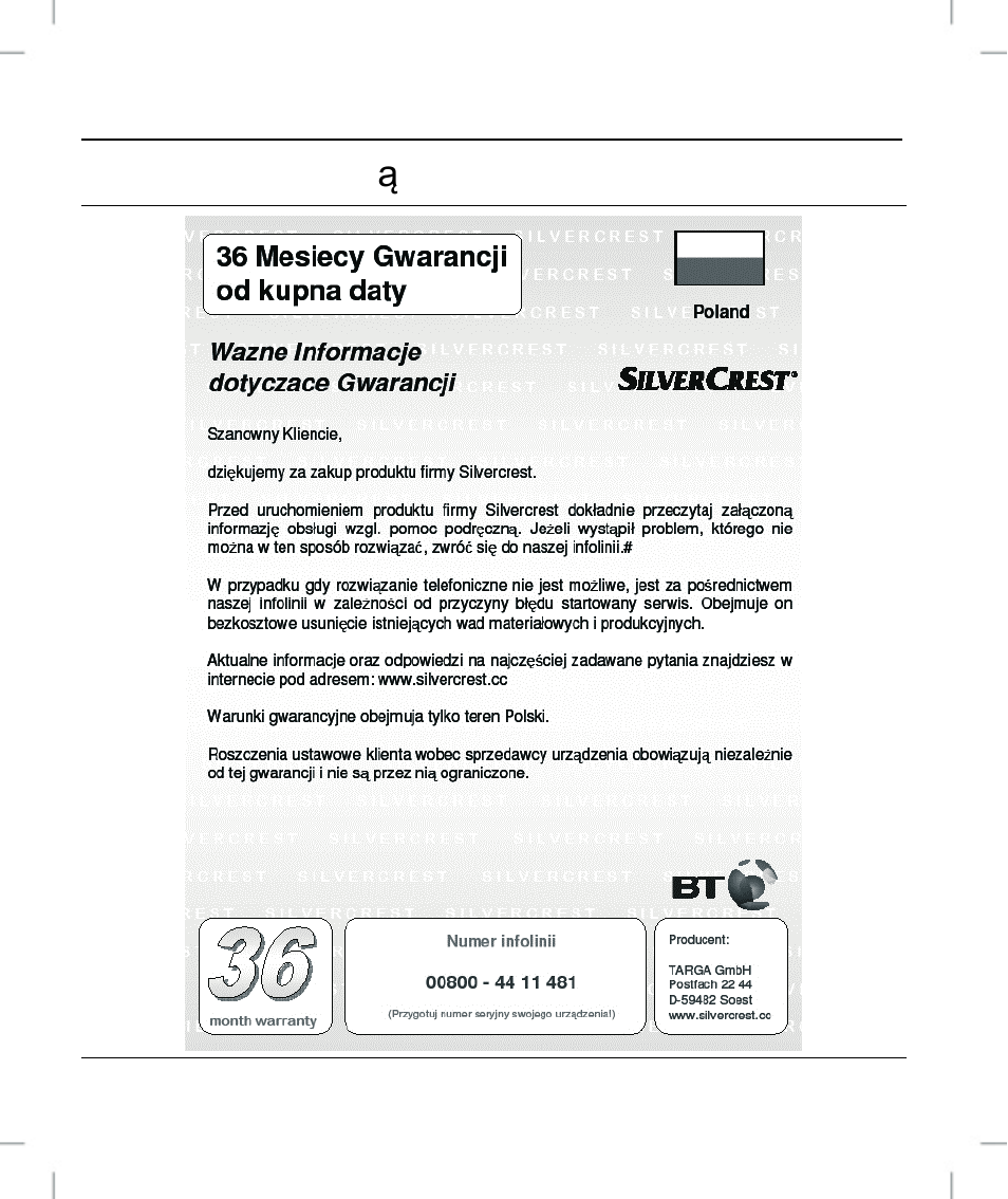 Informacje dotyczące gwarancji | Silvercrest OM1008-SL User Manual | Page 50 / 148