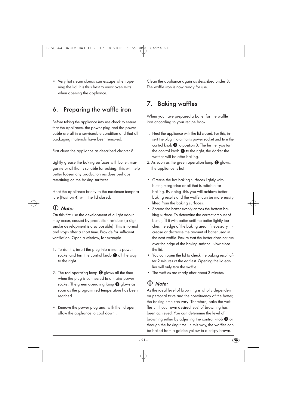 Preparing the waffle iron, Baking waffles | Silvercrest SWE 1200 A1 User Manual | Page 23 / 32