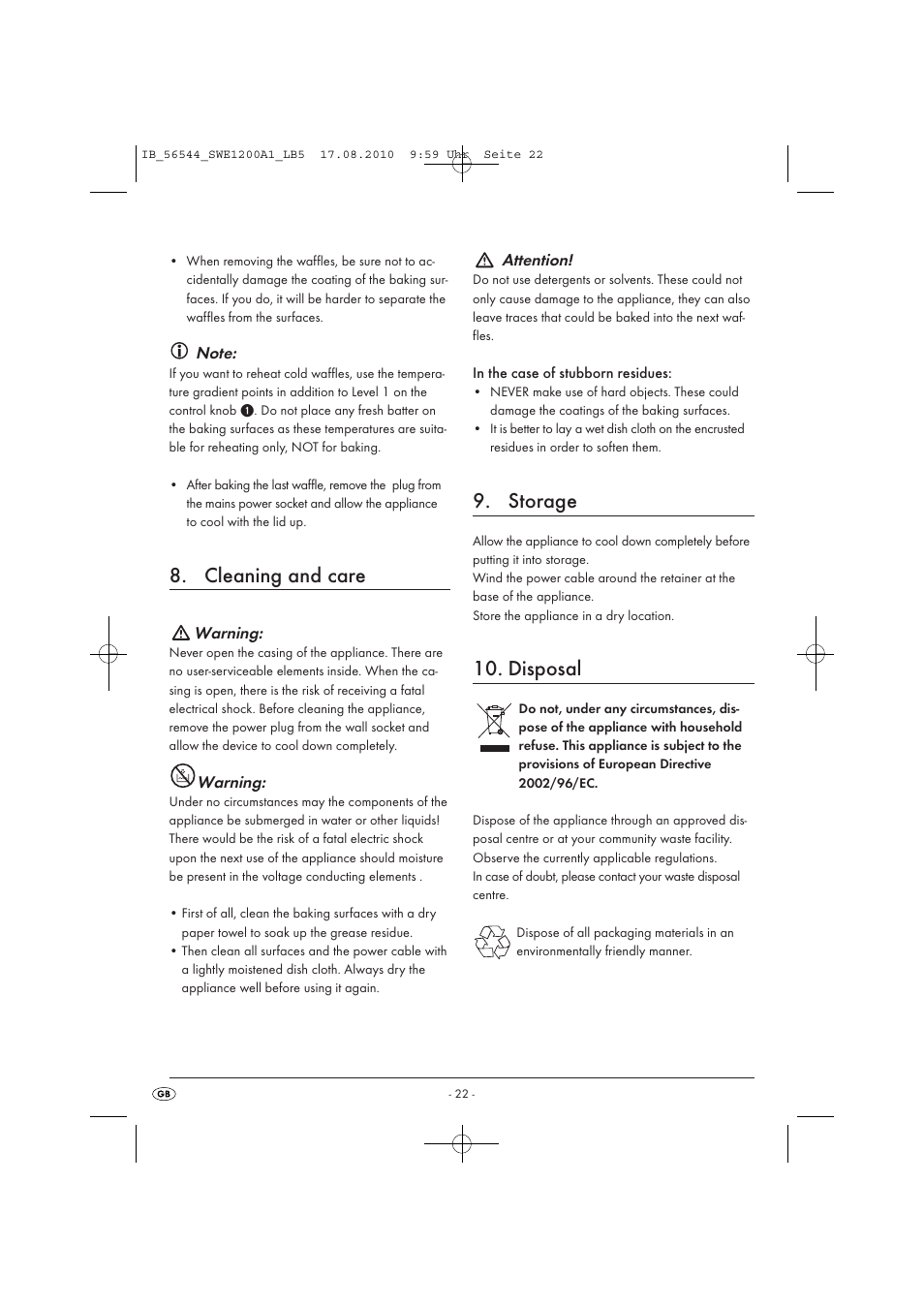 Cleaning and care, Storage, Disposal | Silvercrest SWE 1200 A1 User Manual | Page 24 / 32