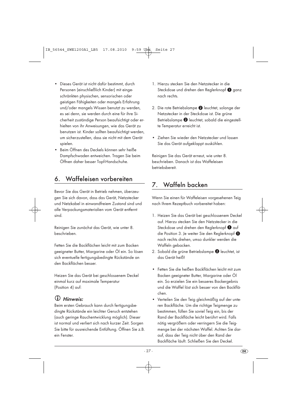 Waffeleisen vorbereiten, Waffeln backen, Hinweis | Silvercrest SWE 1200 A1 User Manual | Page 29 / 32