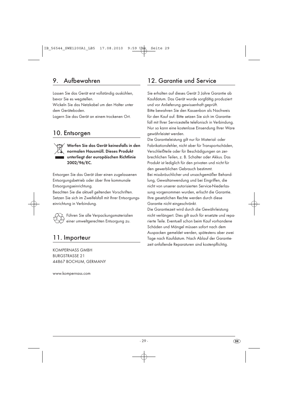 Aufbewahren, Entsorgen, Importeur | Garantie und service | Silvercrest SWE 1200 A1 User Manual | Page 31 / 32