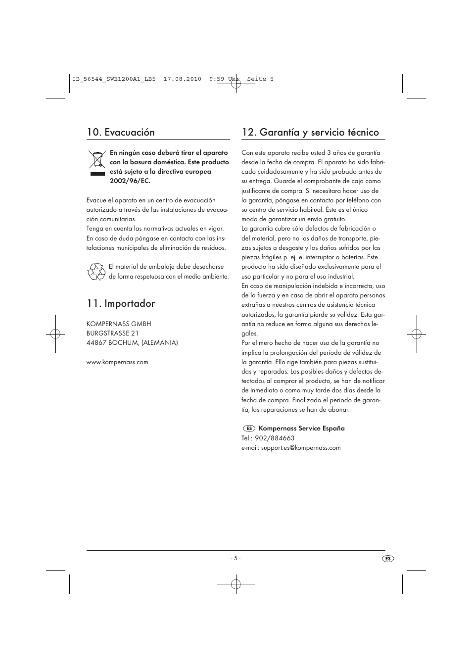 Evacuación, Importador, Garantía y servicio técnico | Silvercrest SWE 1200 A1 User Manual | Page 7 / 32