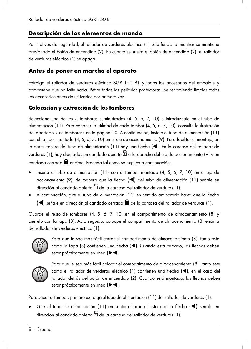 Descripción de los elementos de mando, Antes de poner en marcha el aparato | Silvercrest SGR 150 B1 User Manual | Page 10 / 88