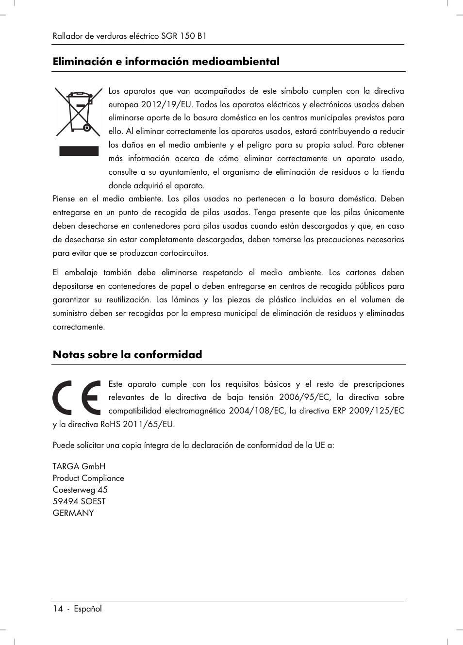 Eliminación e información medioambiental, Notas sobre la conformidad | Silvercrest SGR 150 B1 User Manual | Page 16 / 88
