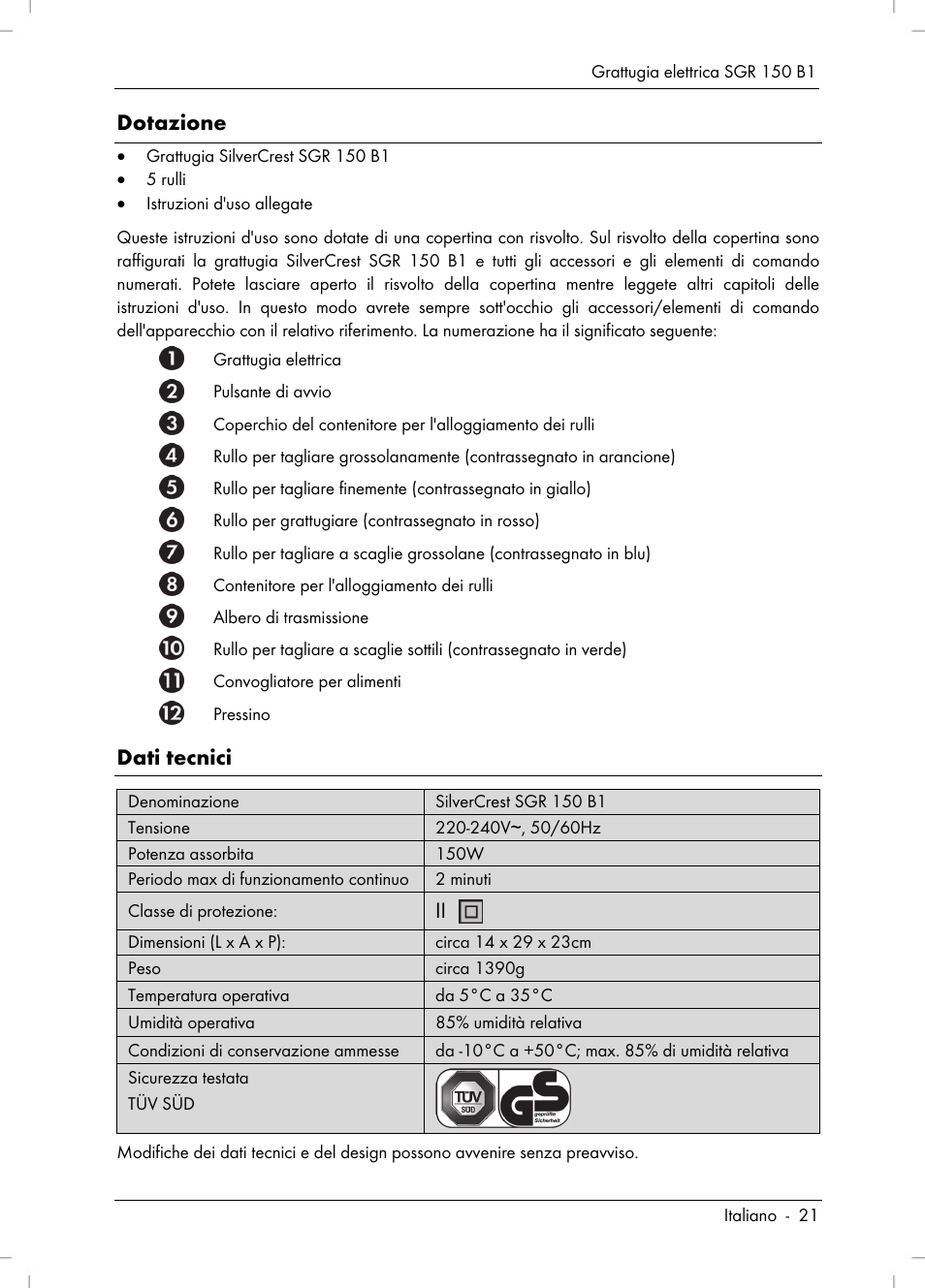 Dotazione, Dati tecnici | Silvercrest SGR 150 B1 User Manual | Page 23 / 88