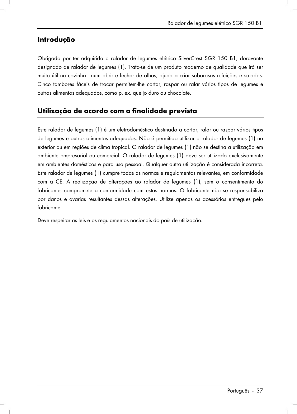 Introdução, Utilização de acordo com a finalidade prevista | Silvercrest SGR 150 B1 User Manual | Page 39 / 88