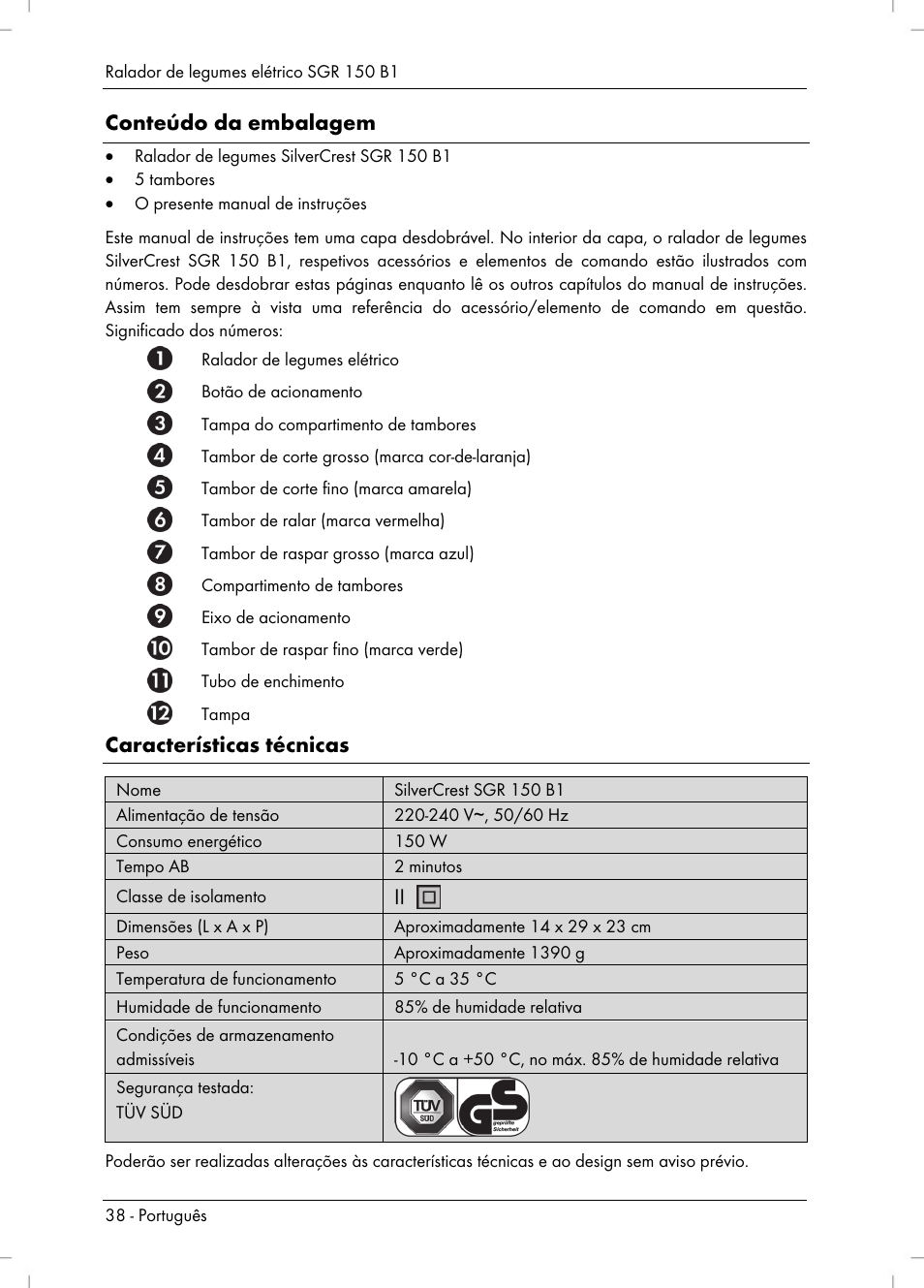 Conteúdo da embalagem, Características técnicas | Silvercrest SGR 150 B1 User Manual | Page 40 / 88