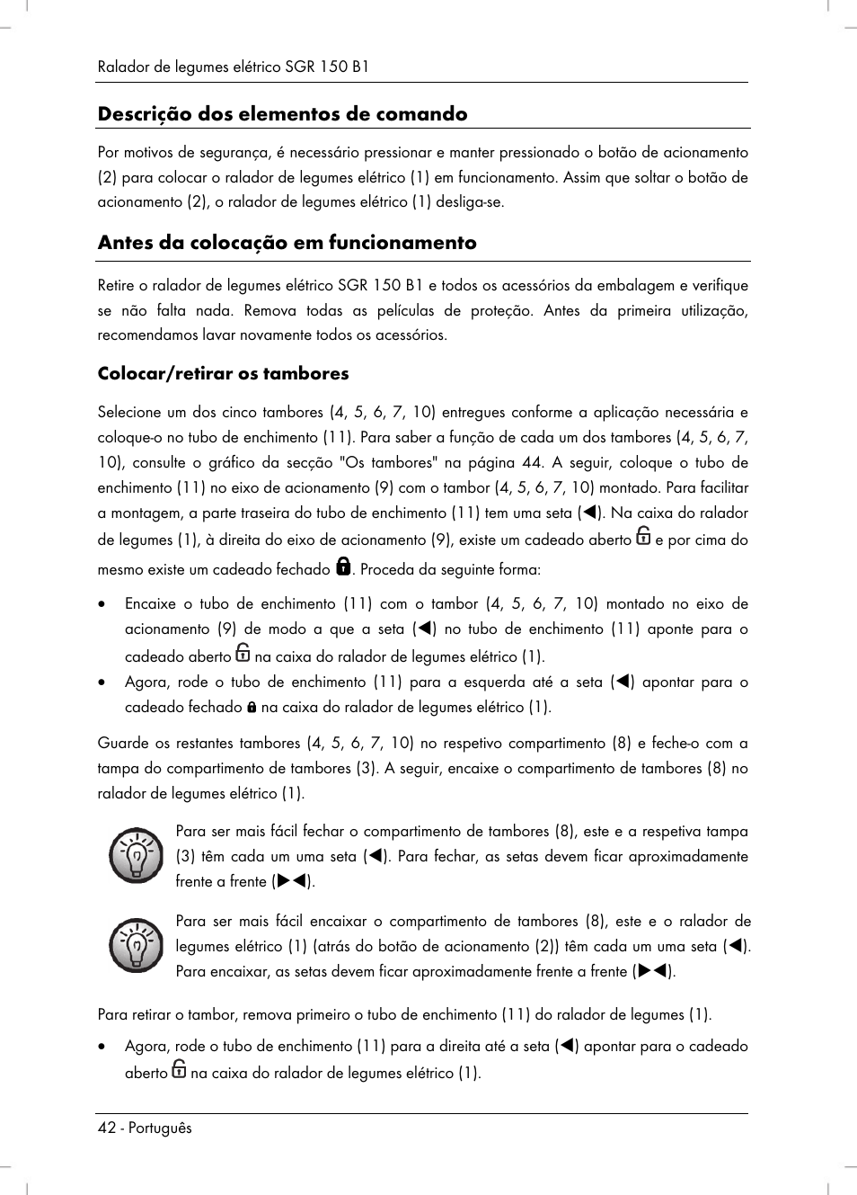 Descrição dos elementos de comando, Antes da colocação em funcionamento | Silvercrest SGR 150 B1 User Manual | Page 44 / 88