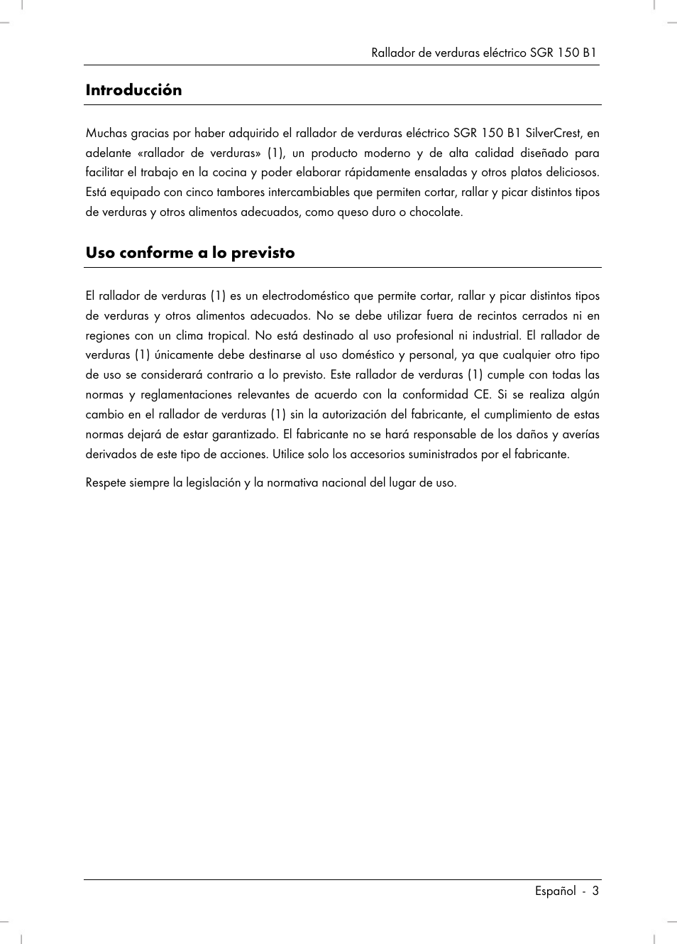 Introducción, Uso conforme a lo previsto | Silvercrest SGR 150 B1 User Manual | Page 5 / 88