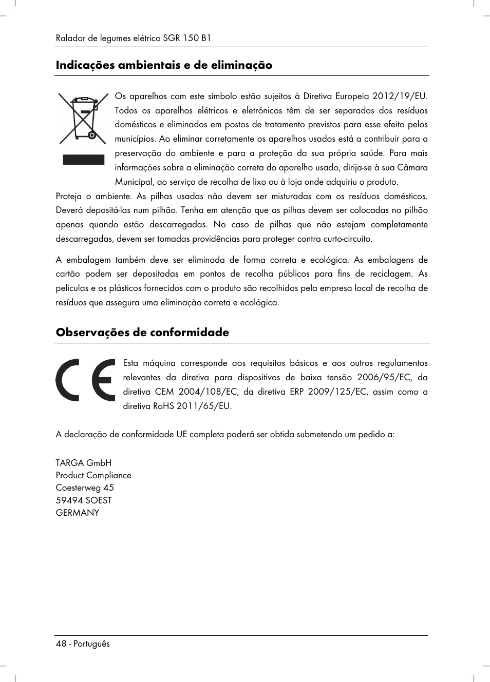 Indicações ambientais e de eliminação, Observações de conformidade | Silvercrest SGR 150 B1 User Manual | Page 50 / 88