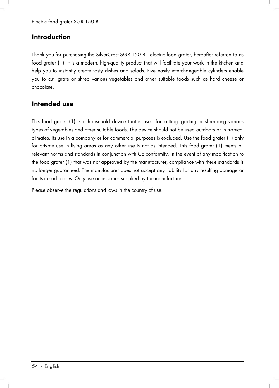 Introduction, Intended use | Silvercrest SGR 150 B1 User Manual | Page 56 / 88