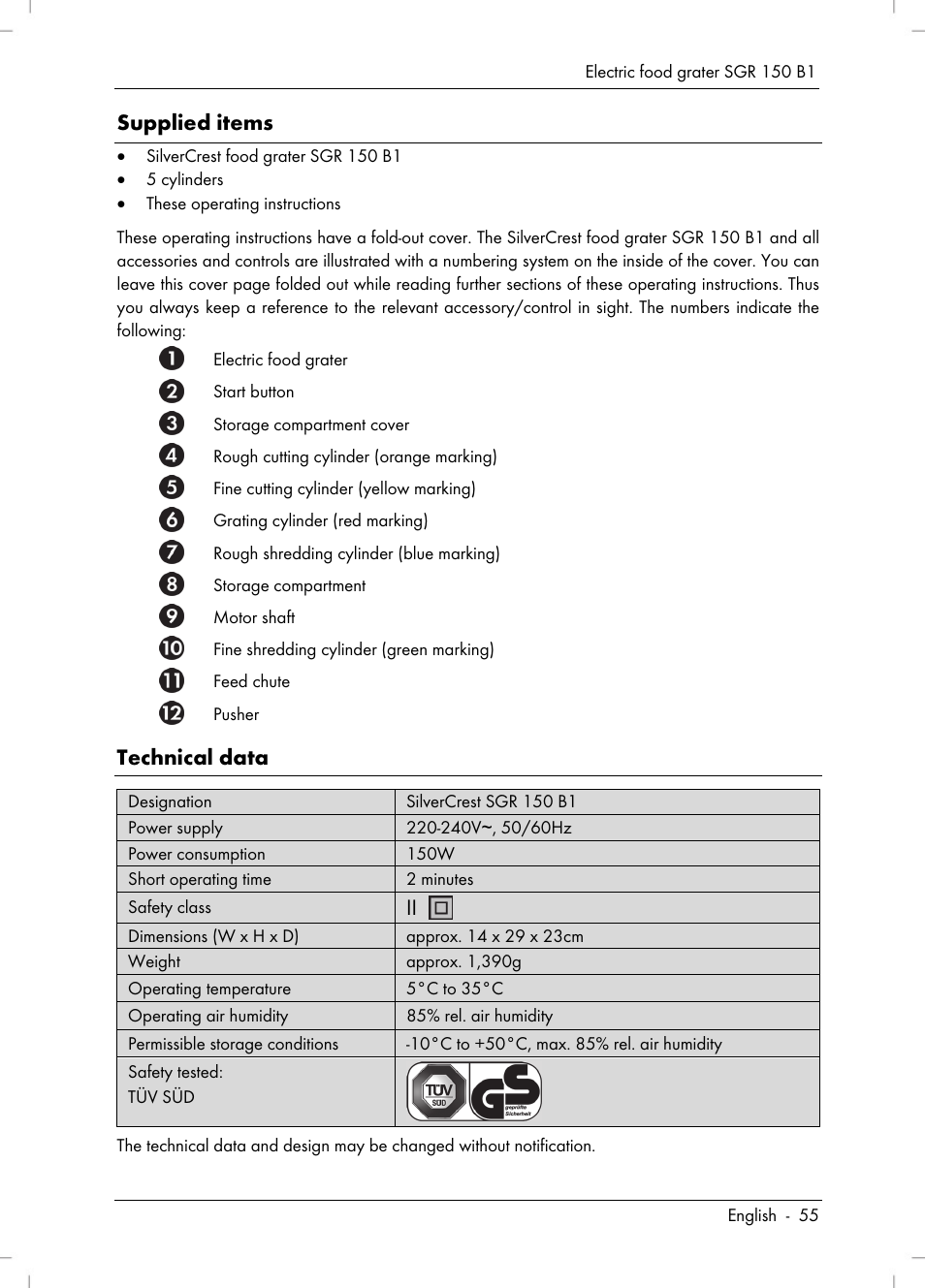 Supplied items, Technical data | Silvercrest SGR 150 B1 User Manual | Page 57 / 88