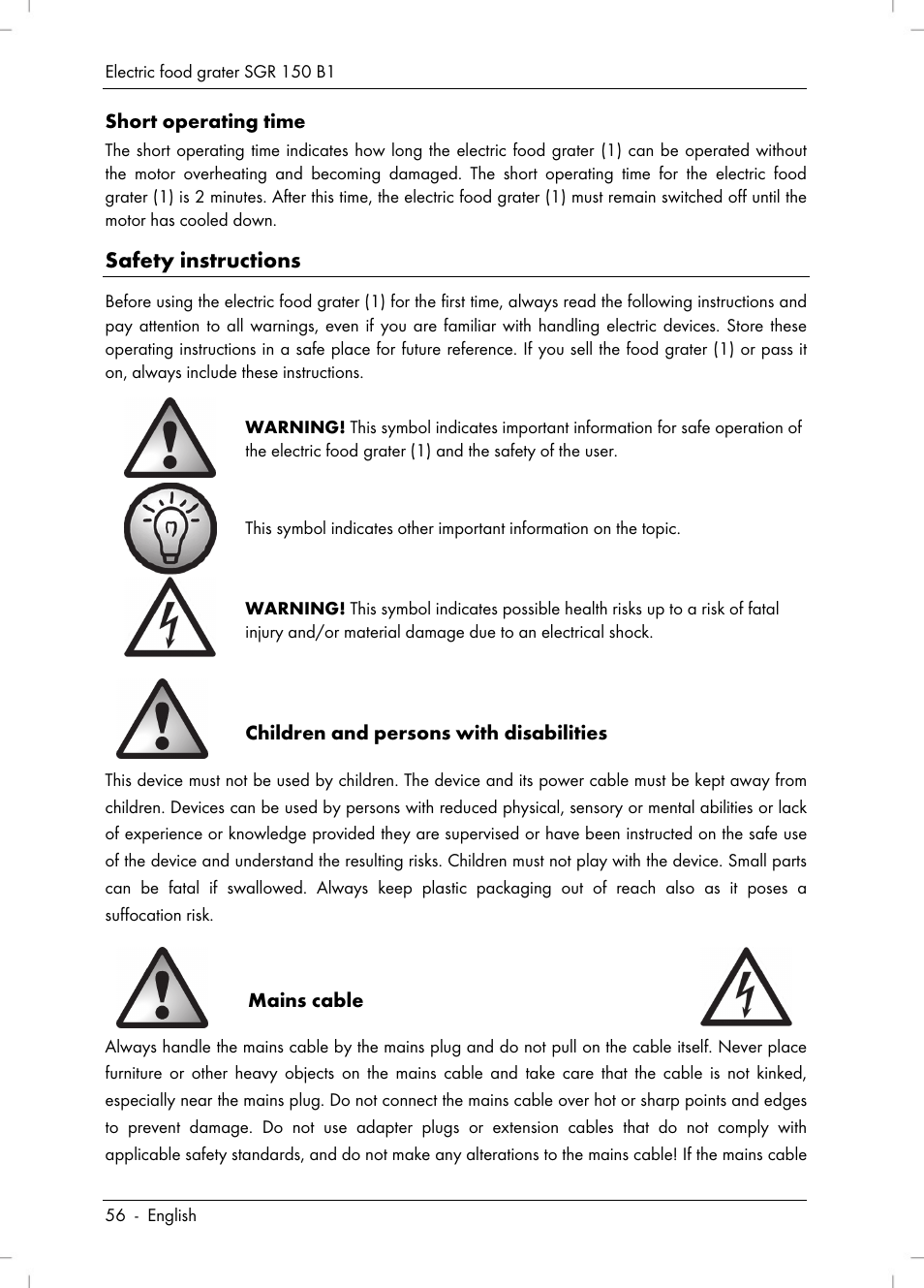 Safety instructions | Silvercrest SGR 150 B1 User Manual | Page 58 / 88