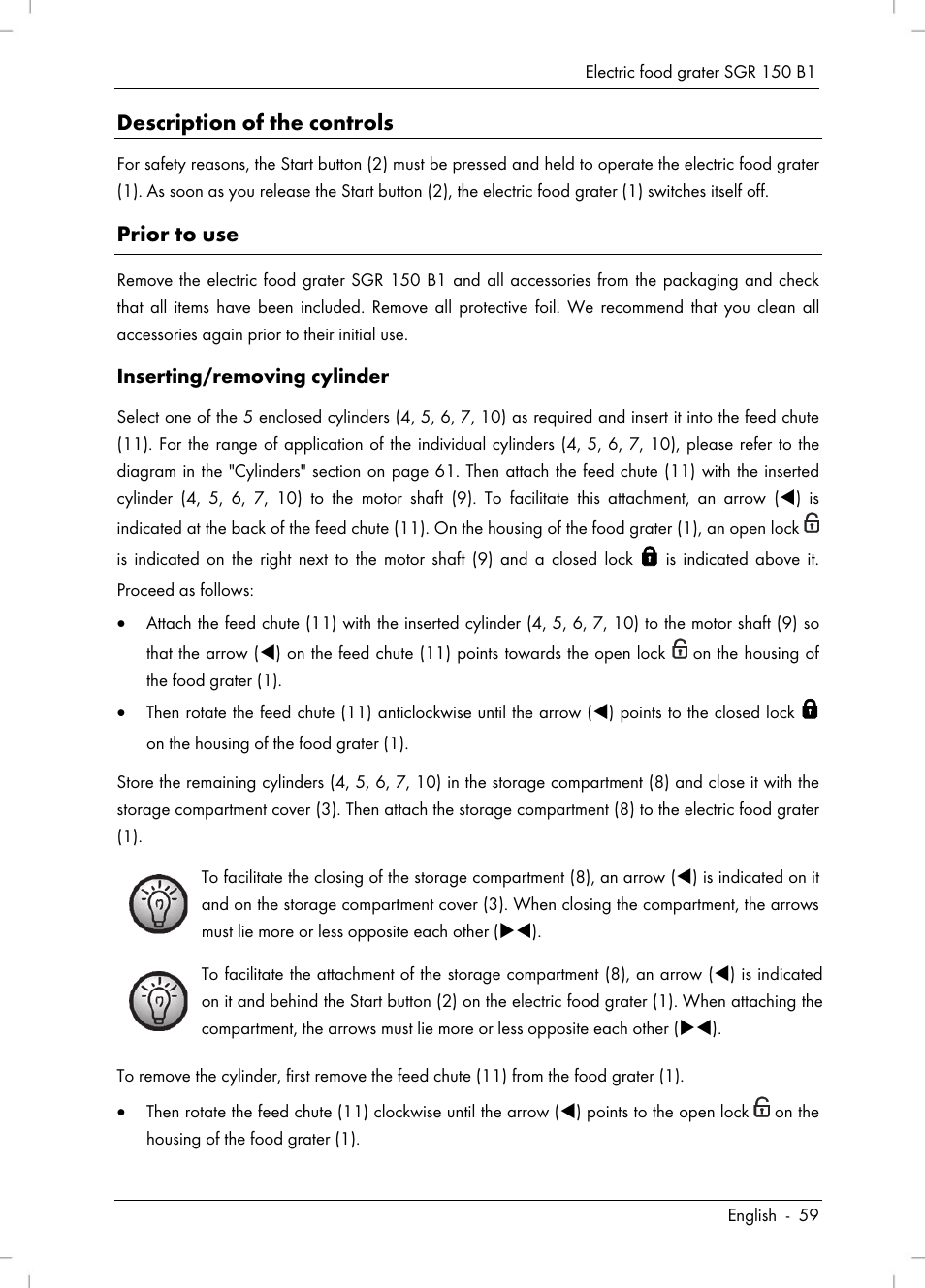 Description of the controls, Prior to use | Silvercrest SGR 150 B1 User Manual | Page 61 / 88