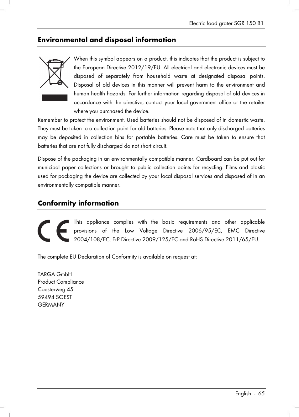 Environmental and disposal information, Conformity information | Silvercrest SGR 150 B1 User Manual | Page 67 / 88