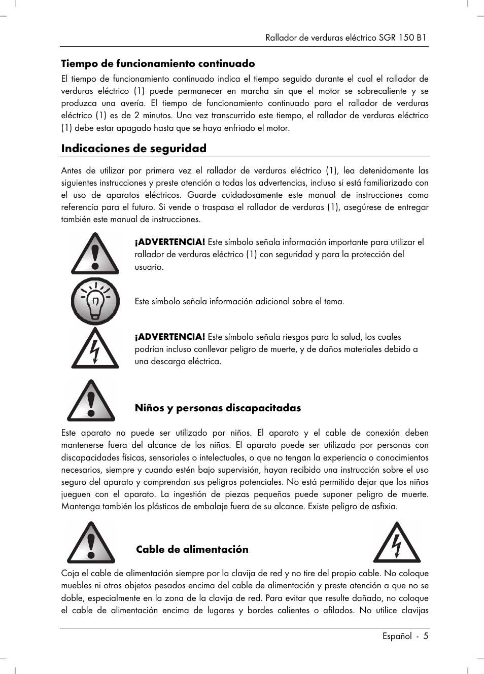 Indicaciones de seguridad | Silvercrest SGR 150 B1 User Manual | Page 7 / 88