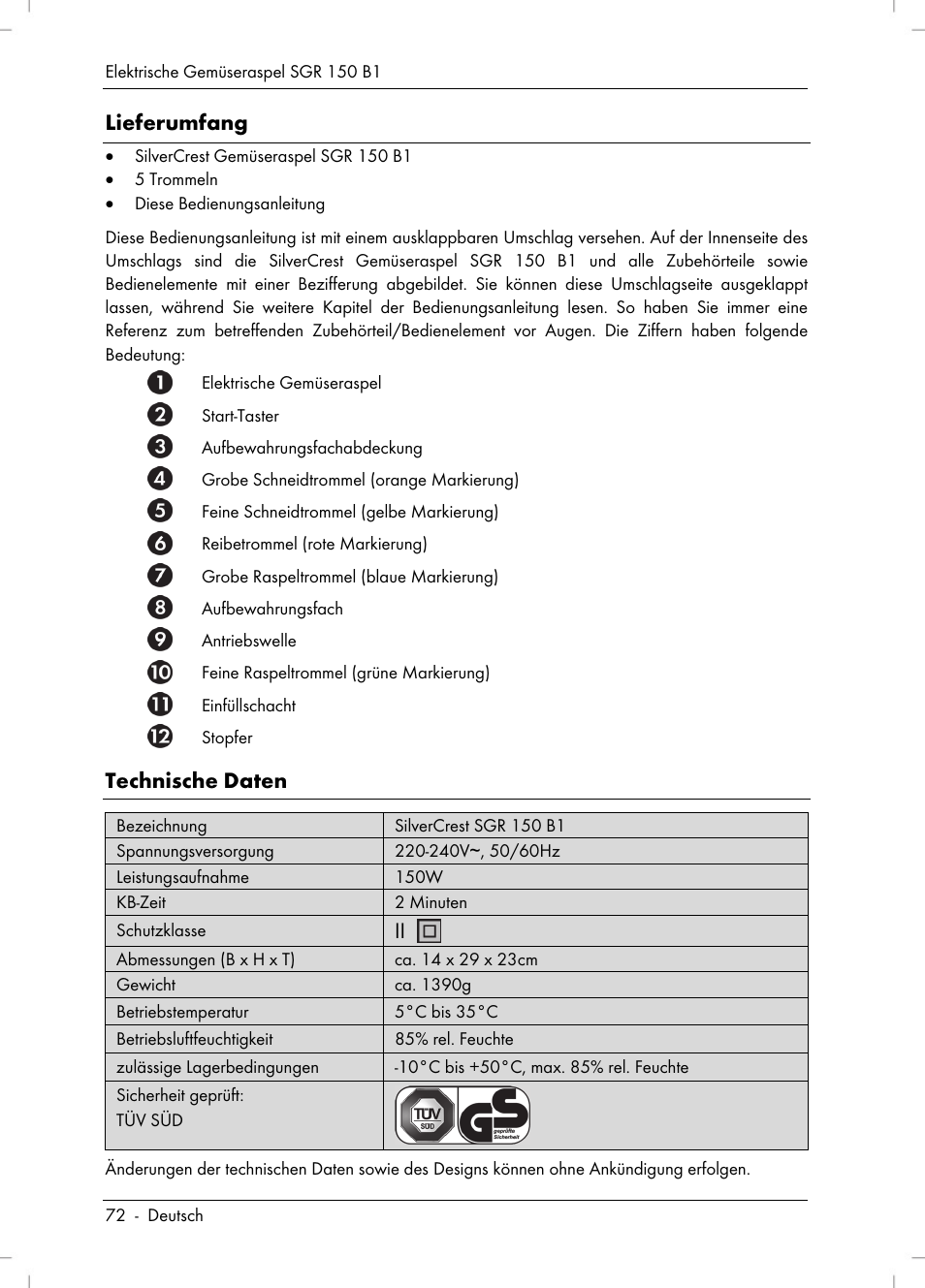 Lieferumfang, Technische daten | Silvercrest SGR 150 B1 User Manual | Page 74 / 88