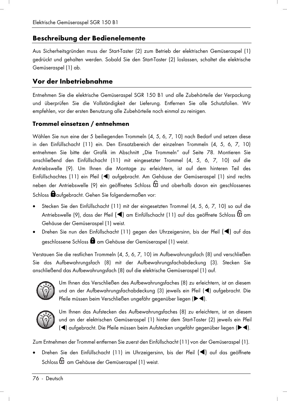 Beschreibung der bedienelemente, Vor der inbetriebnahme | Silvercrest SGR 150 B1 User Manual | Page 78 / 88