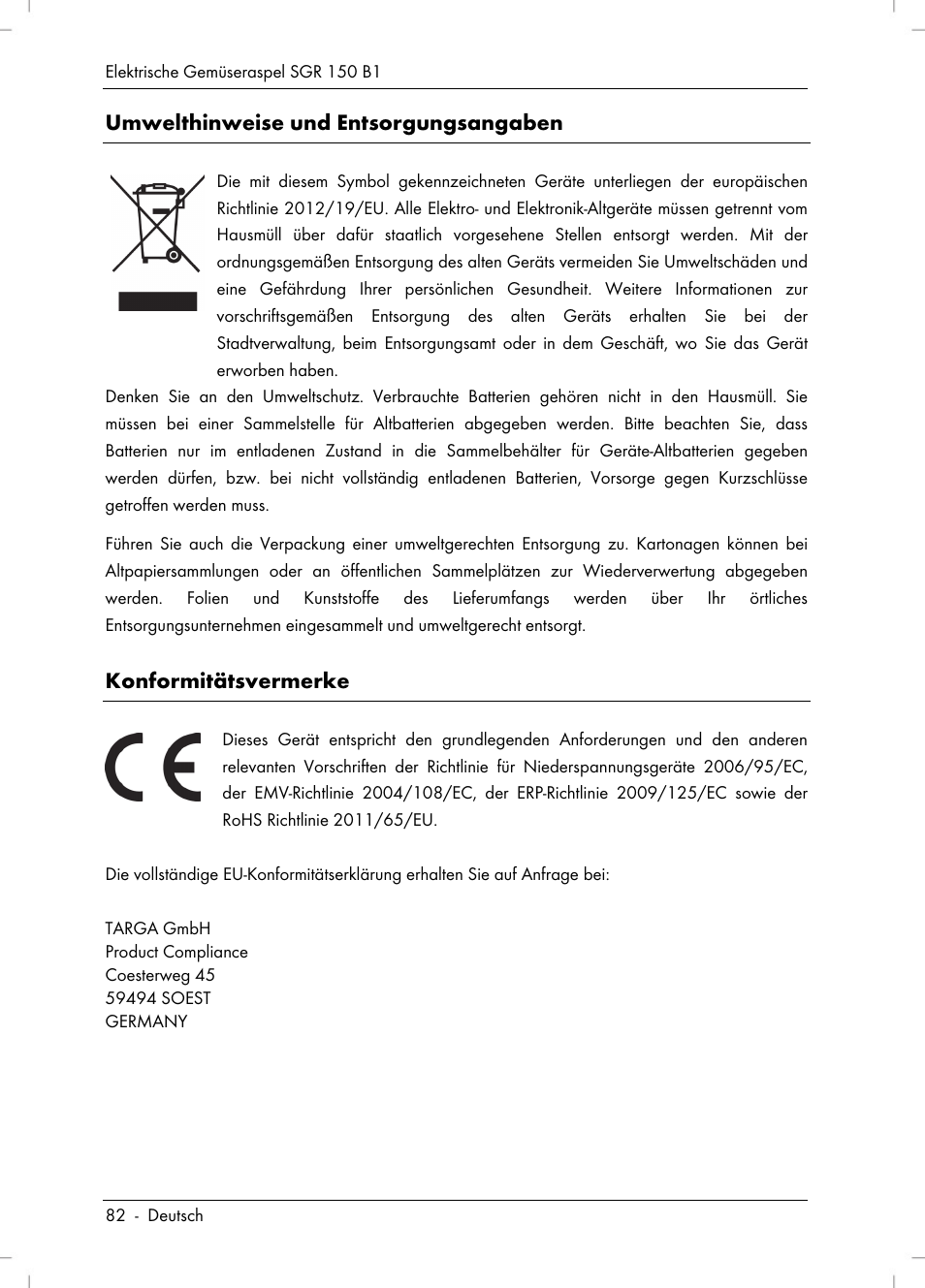 Umwelthinweise und entsorgungsangaben, Konformitätsvermerke | Silvercrest SGR 150 B1 User Manual | Page 84 / 88