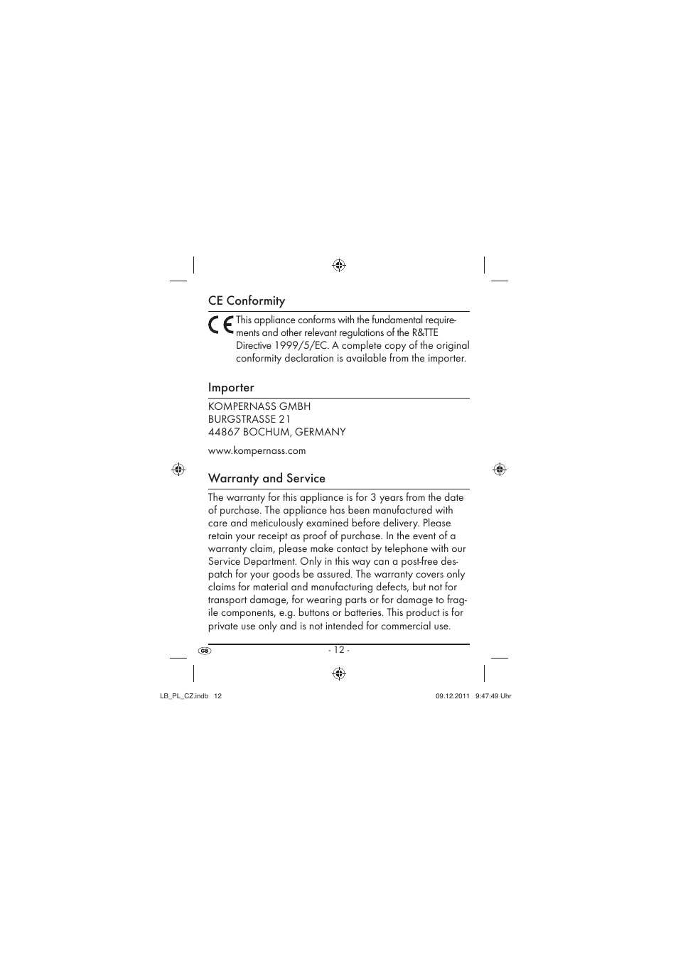 Ce conformity, Importer, Warranty and service | Silvercrest SFK 36 A1 User Manual | Page 14 / 44