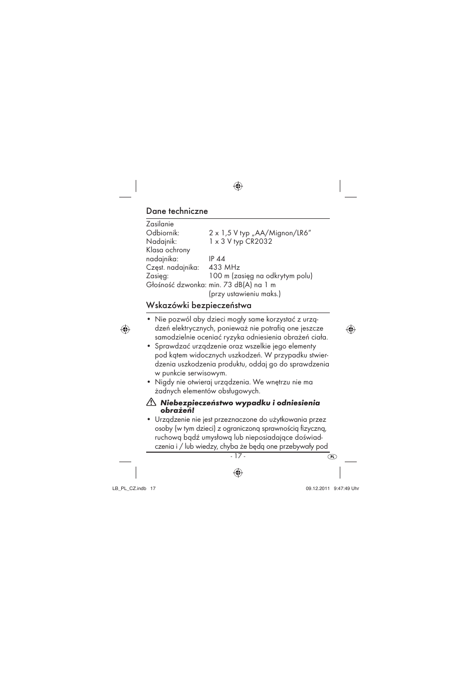 Dane techniczne, Wskazówki bezpieczeństwa | Silvercrest SFK 36 A1 User Manual | Page 19 / 44