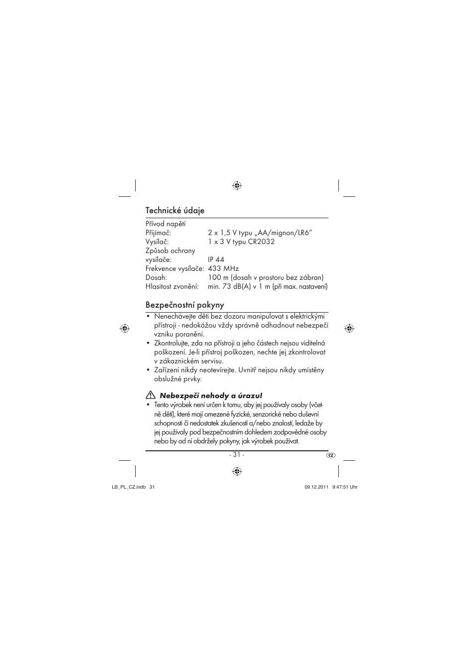 Technické údaje, Bezpečnostní pokyny | Silvercrest SFK 36 A1 User Manual | Page 33 / 44