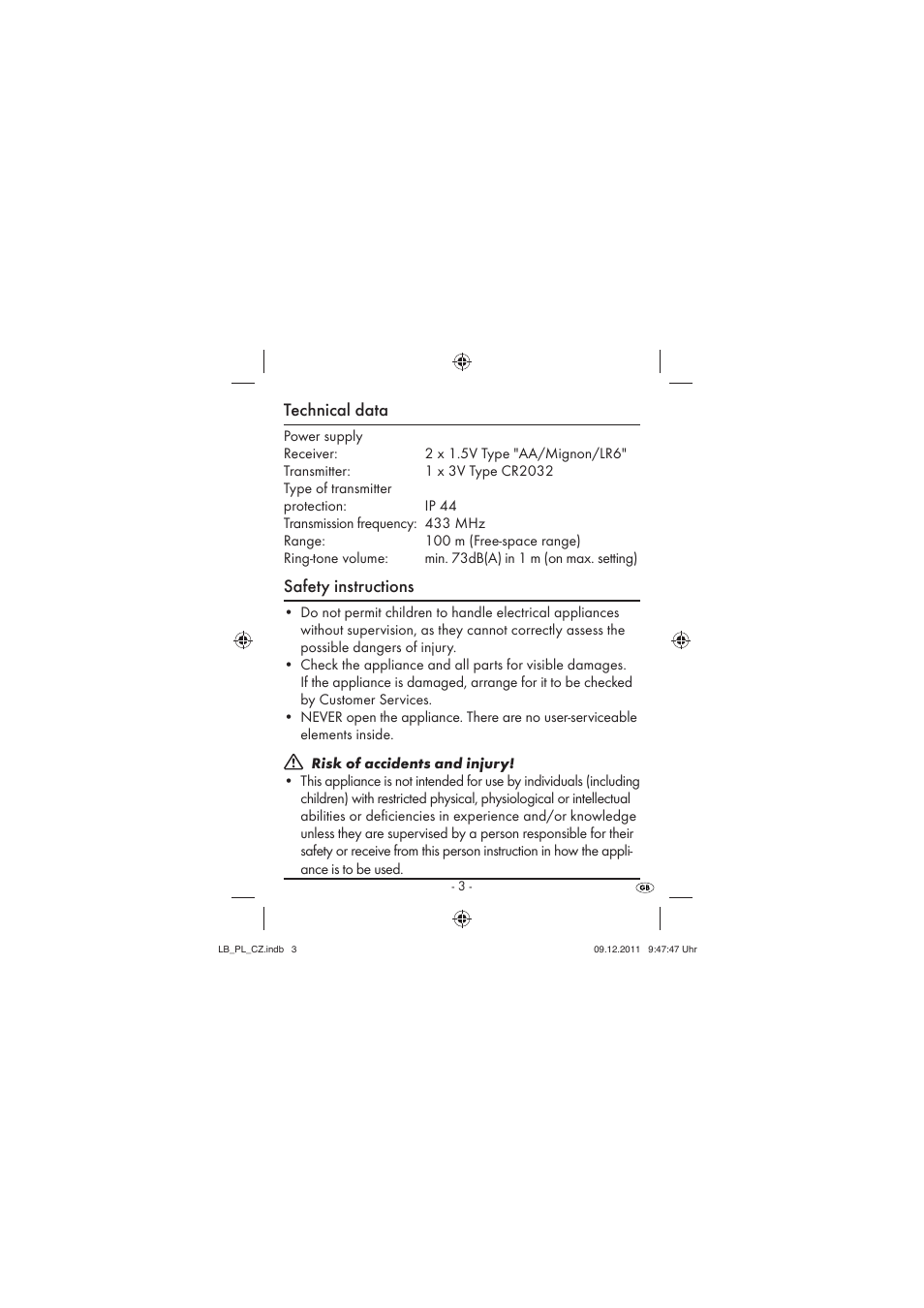 Technical data, Safety instructions | Silvercrest SFK 36 A1 User Manual | Page 5 / 44