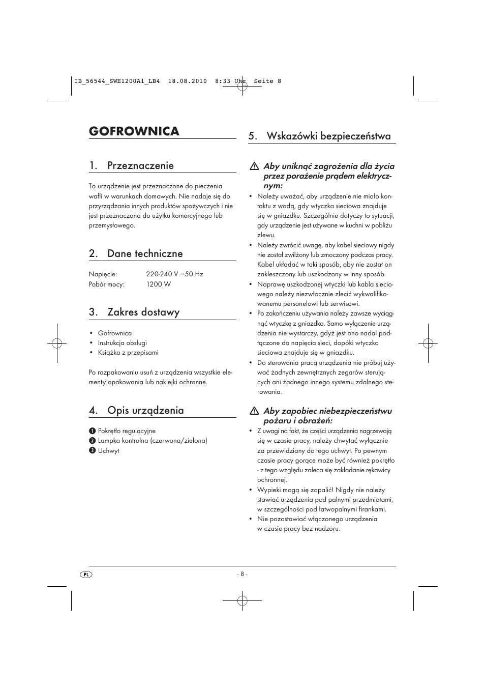 Gofrownica, Przeznaczenie, Dane techniczne | Zakres dostawy, Opis urządzenia, Wskazówki bezpieczeństwa | Silvercrest SWE 1200 A1 User Manual | Page 10 / 44