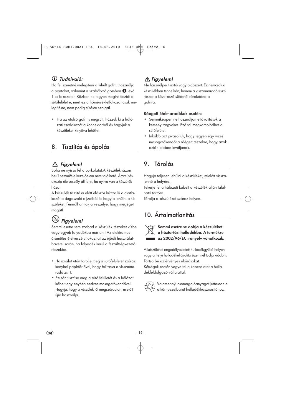 Tisztítás és ápolás, Tárolás, Ártalmatlanítás | Silvercrest SWE 1200 A1 User Manual | Page 18 / 44