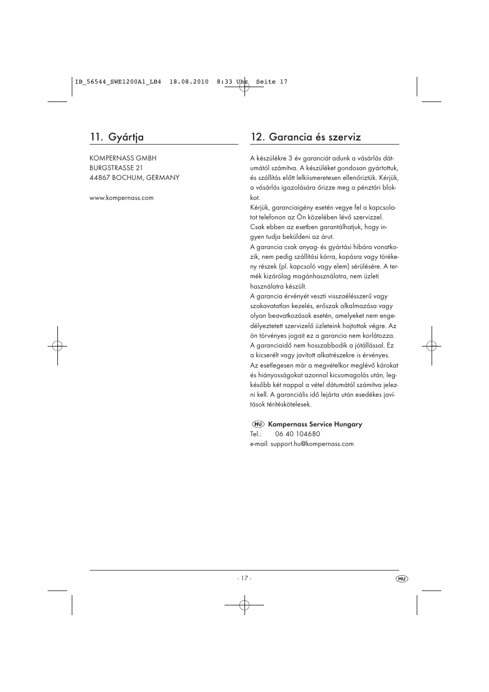Gyártja, Garancia és szerviz | Silvercrest SWE 1200 A1 User Manual | Page 19 / 44