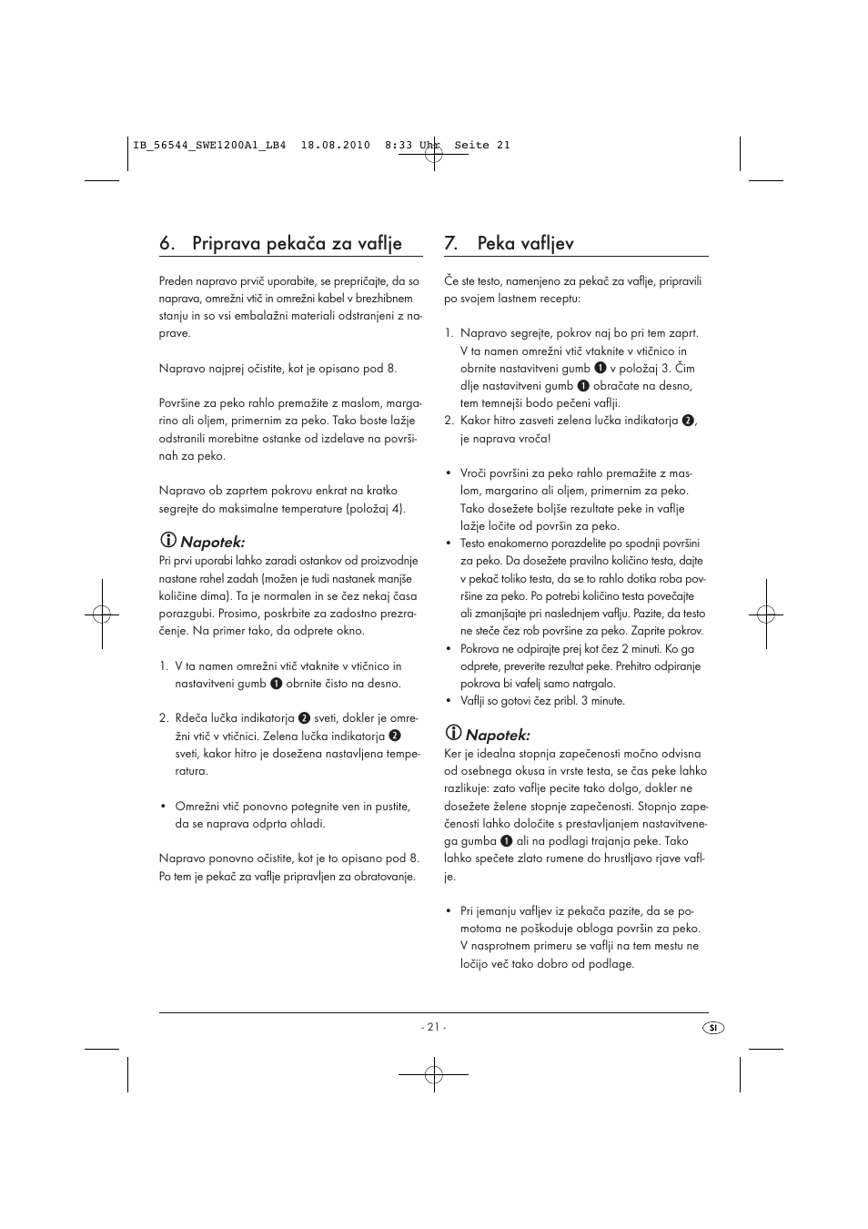 Priprava pekača za vaflje, Peka vafljev, Napotek | Silvercrest SWE 1200 A1 User Manual | Page 23 / 44