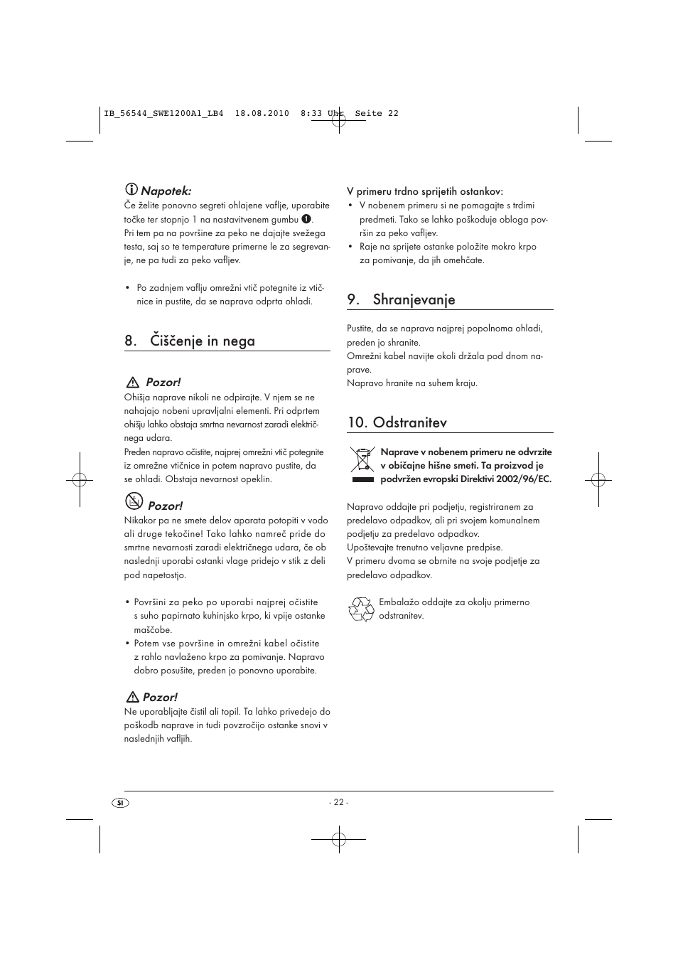 Čiščenje in nega, Shranjevanje, Odstranitev | Silvercrest SWE 1200 A1 User Manual | Page 24 / 44