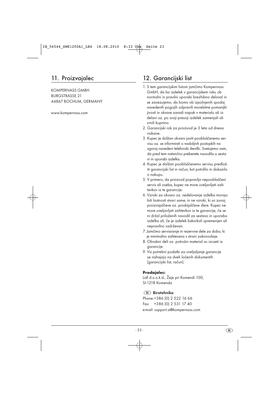 Proizvajalec, Garancijski list | Silvercrest SWE 1200 A1 User Manual | Page 25 / 44