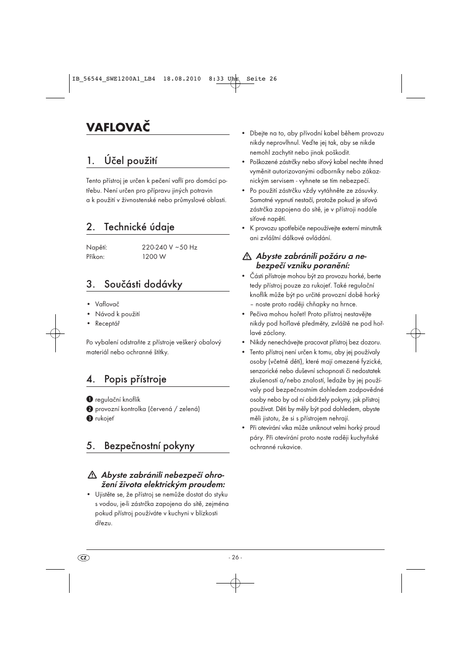 Vaflovač, Účel použití, Technické údaje | Součásti dodávky, Popis přístroje, Bezpečnostní pokyny | Silvercrest SWE 1200 A1 User Manual | Page 28 / 44