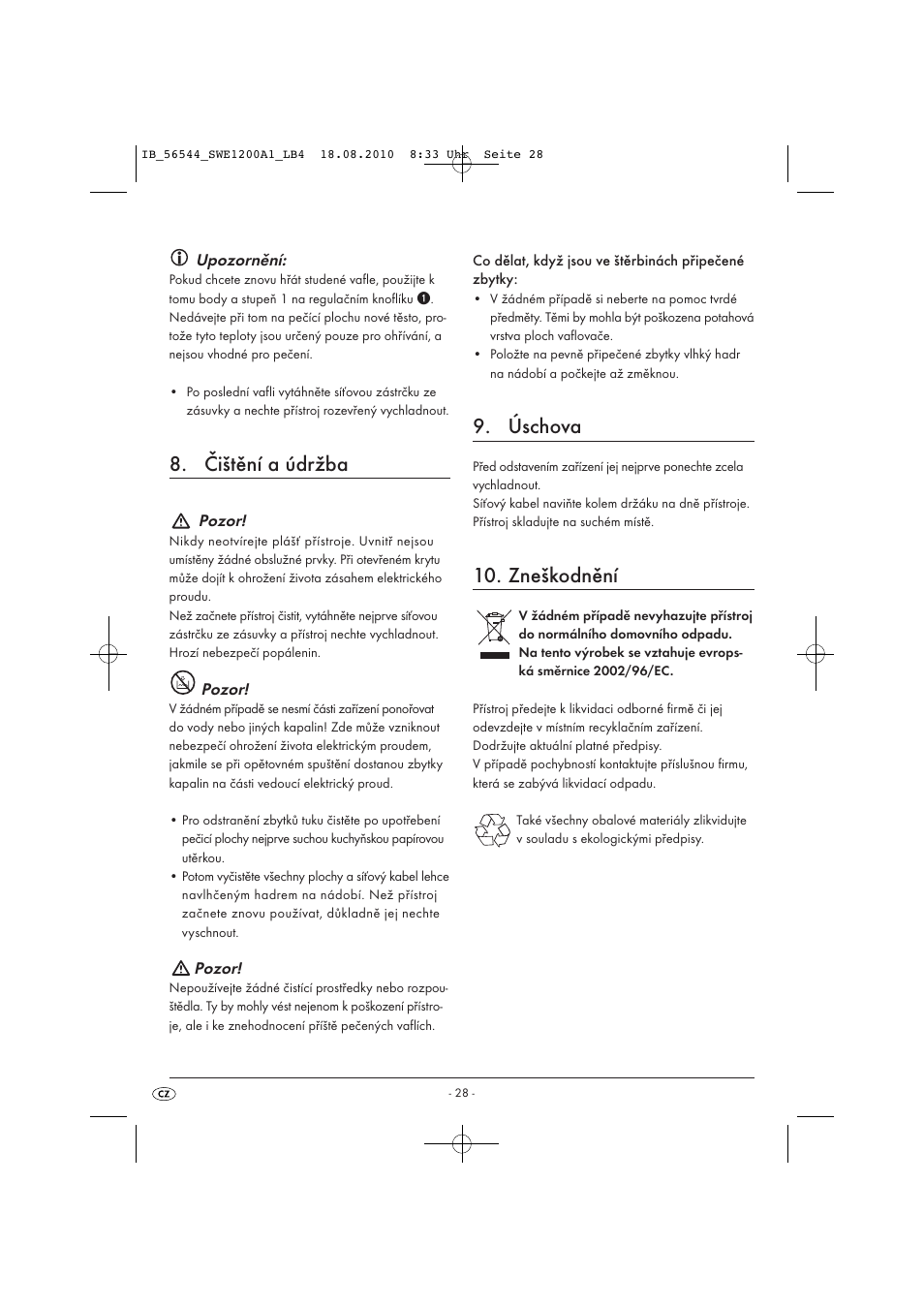Čištění a údržba, Úschova, Zneškodnění | Silvercrest SWE 1200 A1 User Manual | Page 30 / 44