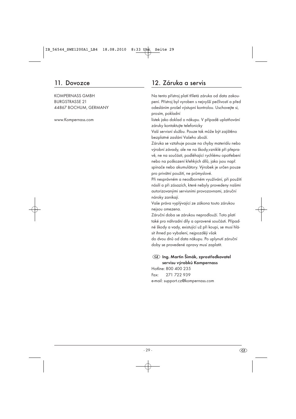 Dovozce, Záruka a servis | Silvercrest SWE 1200 A1 User Manual | Page 31 / 44