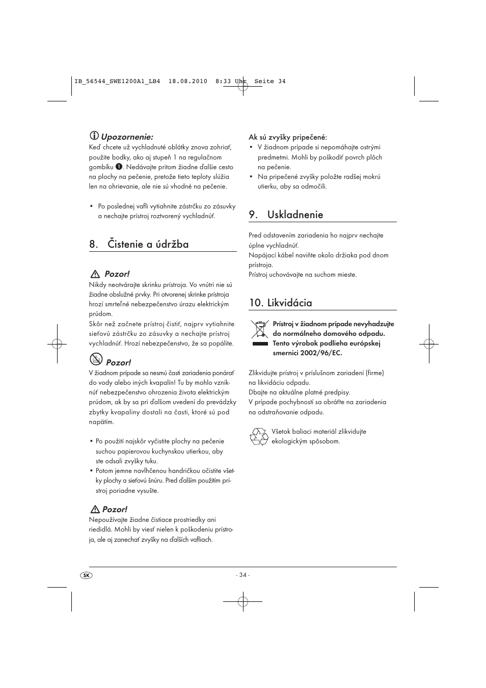 Čistenie a údržba, Uskladnenie, Likvidácia | Silvercrest SWE 1200 A1 User Manual | Page 36 / 44