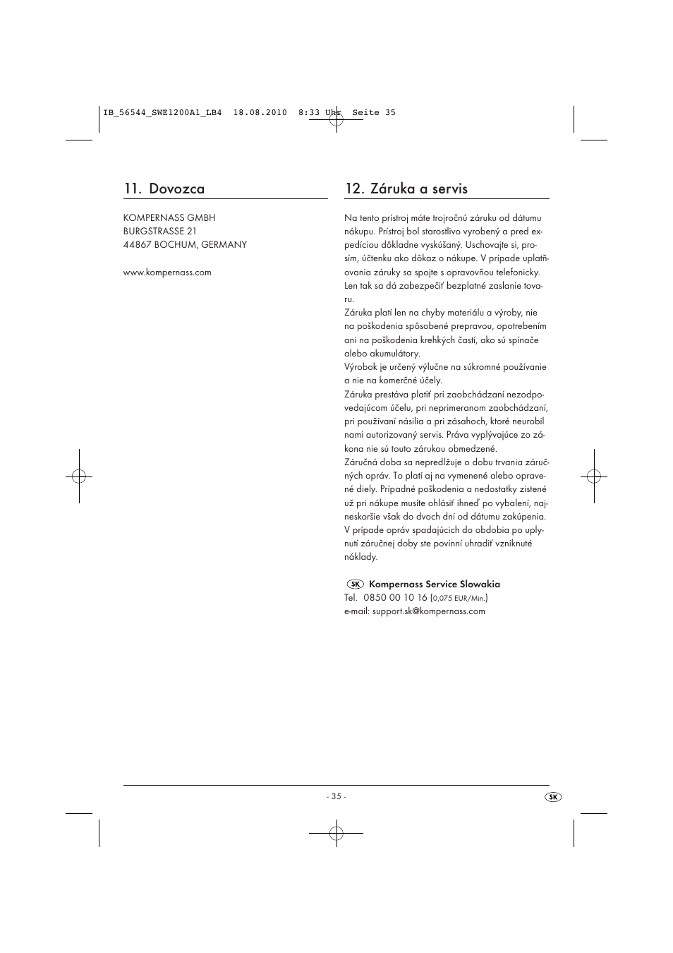 Dovozca, Záruka a servis | Silvercrest SWE 1200 A1 User Manual | Page 37 / 44