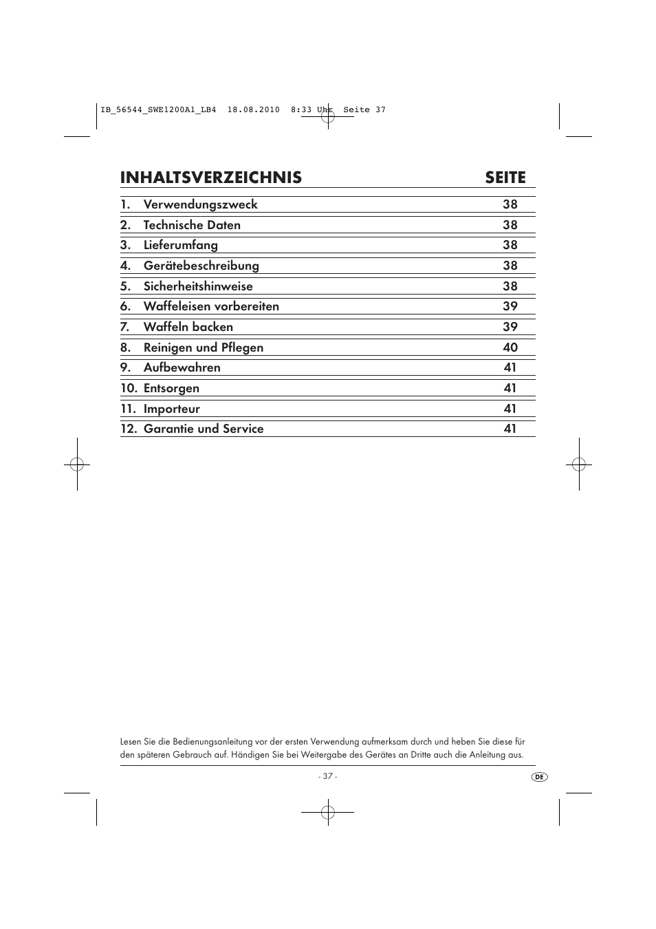 Inhaltsverzeichnis seite | Silvercrest SWE 1200 A1 User Manual | Page 39 / 44