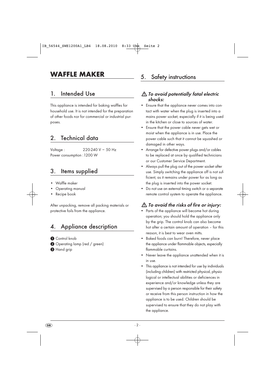Waffle maker, Intended use, Technical data | Items supplied, Appliance description, Safety instructions | Silvercrest SWE 1200 A1 User Manual | Page 4 / 44