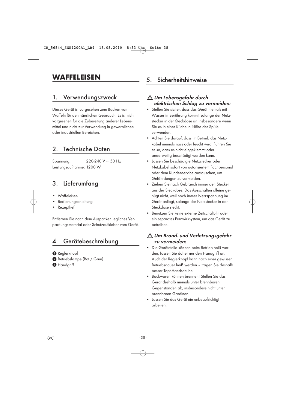 Waffeleisen, Verwendungszweck, Technische daten | Lieferumfang, Gerätebeschreibung, Sicherheitshinweise | Silvercrest SWE 1200 A1 User Manual | Page 40 / 44