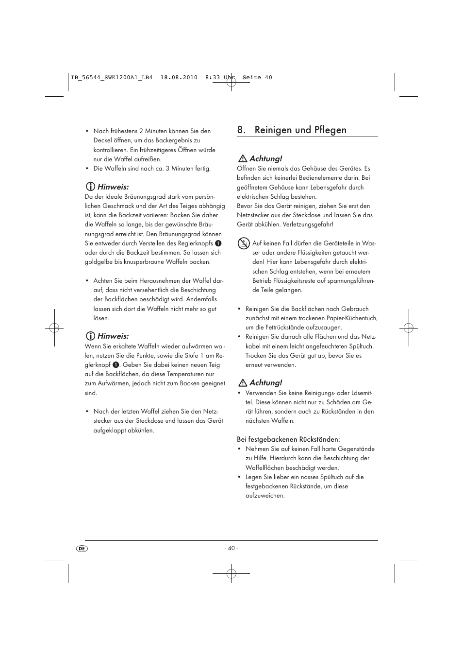 Reinigen und pflegen, Hinweis, Achtung | Silvercrest SWE 1200 A1 User Manual | Page 42 / 44