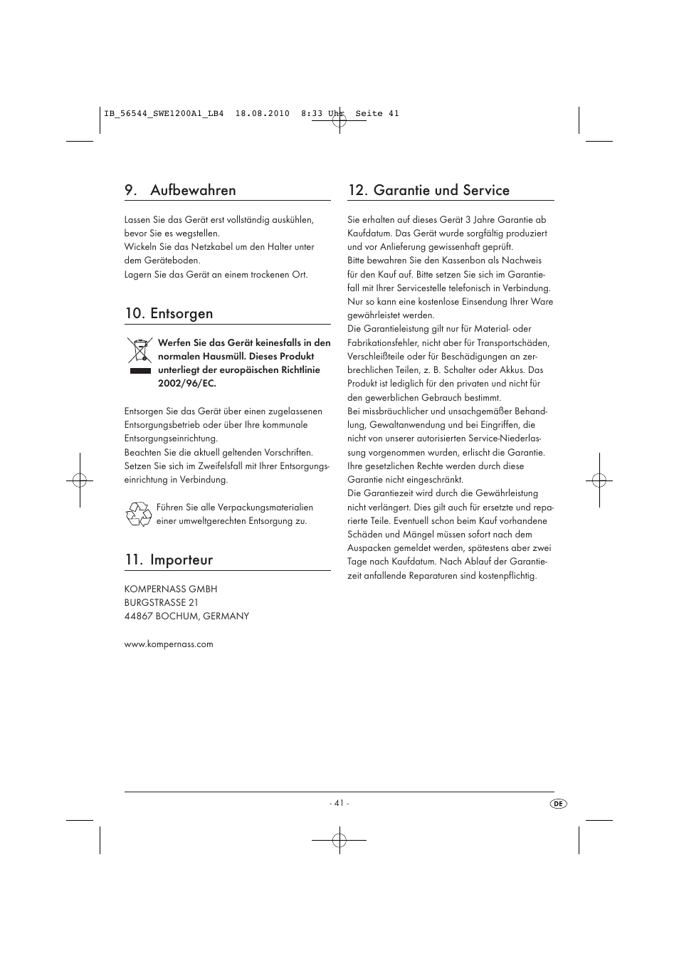 Aufbewahren, Entsorgen, Importeur | Garantie und service | Silvercrest SWE 1200 A1 User Manual | Page 43 / 44