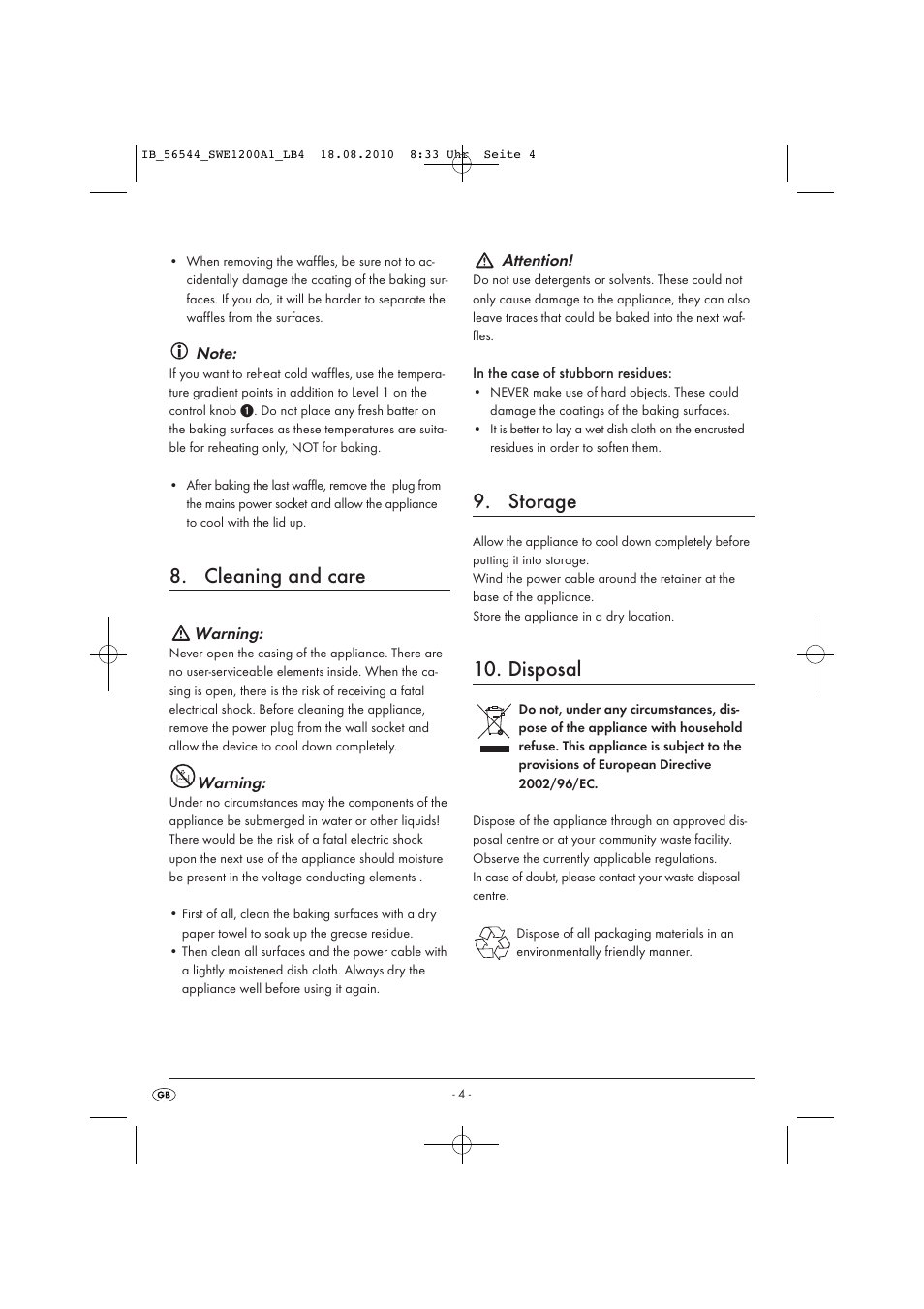 Cleaning and care, Storage, Disposal | Silvercrest SWE 1200 A1 User Manual | Page 6 / 44