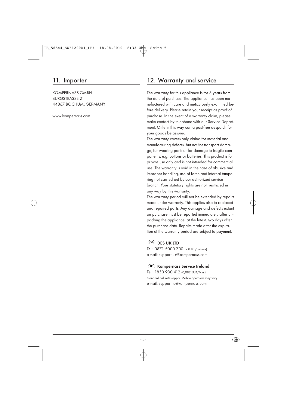 Importer, Warranty and service | Silvercrest SWE 1200 A1 User Manual | Page 7 / 44