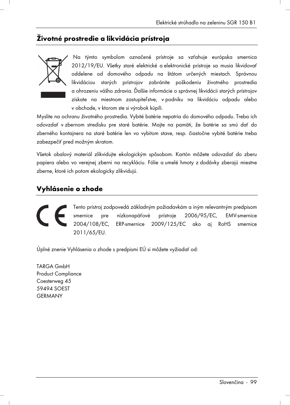 Životné prostredie a likvidácia prístroja, Vyhlásenie o zhode | Silvercrest SGR 150 B1 User Manual | Page 101 / 122