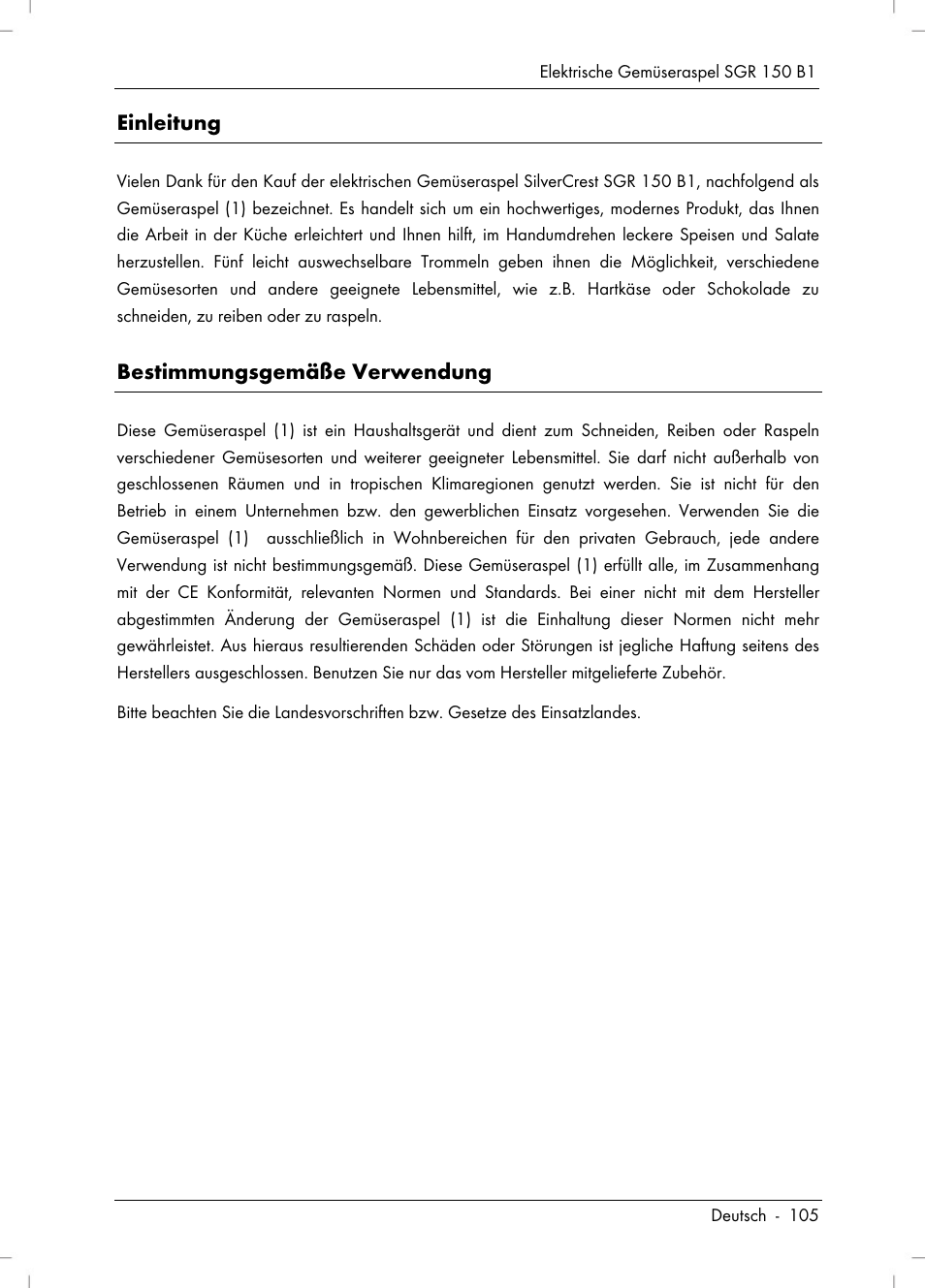 Einleitung, Bestimmungsgemäße verwendung | Silvercrest SGR 150 B1 User Manual | Page 107 / 122