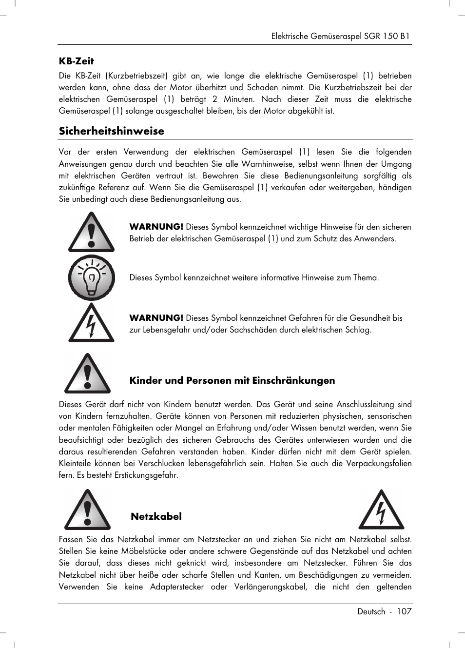 Sicherheitshinweise | Silvercrest SGR 150 B1 User Manual | Page 109 / 122